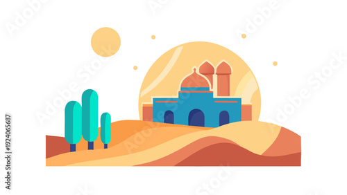 Desert mosque under sunset