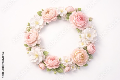 An elegant 3D illustration of a circular floral frame with soft pink and white flowers surrounding a blank center. With layered petals, gentle pastel tones, subtle shadow, clean symmetry, smooth depth