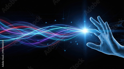 A human hand touching a glowing digital network of light waves representing high speed data and global connectivity.