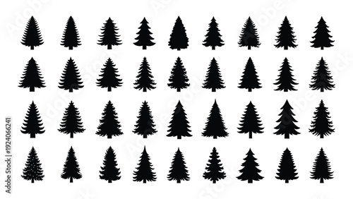 A grid of black pine tree silhouettes on a white background isolated on white background, Vector