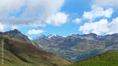 Snow-covered peaks of the Mont Blanc Massif in the French Alps, Savoie, France, Europe.