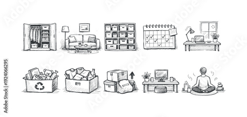 Home organization chalk icon set. Neat and tidy outline illustrations for home management