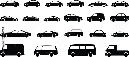 Automobile silhouette icons set featuring cars, SUVs, vans, pickup truck, diverse vehicle collection in side profile view for transportation, automotive design, vector illustration
