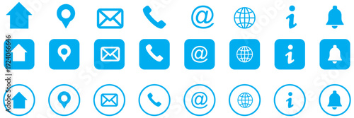 Contact information icons. Contact us icons set in different types.