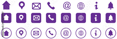 Contact information icons. Contact us icons set in different types.