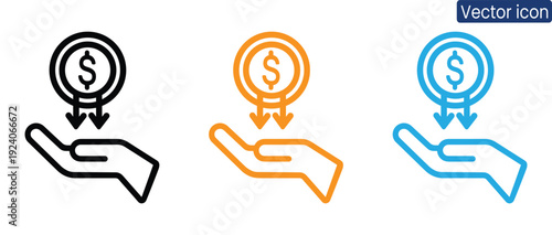 Set of icons showing dollar coin falling into hand, symbolizing financial transactions
