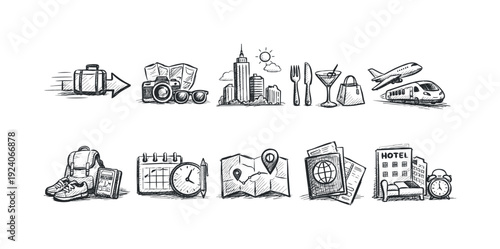 Travel and tourism chalk icon set. Outline style vacation, transport collection.