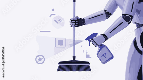 Robot Cleaning Floor with Broom and Wi-Fi Enabled Cleaning Tool in Modern Environment from Side Viewpoint