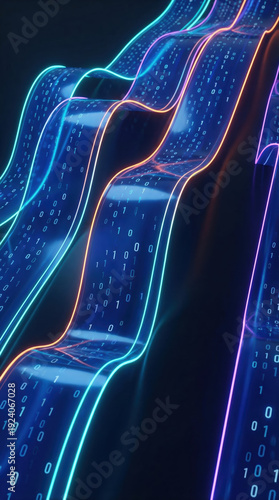 Abstract digital background featuring glowing binary code streams flowing through futuristic wavy glass ribbons.