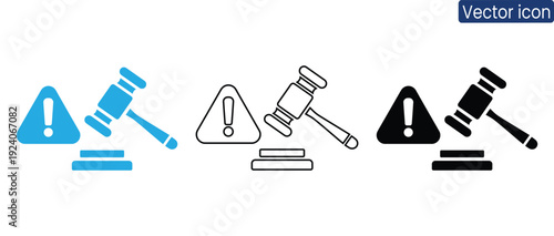 Warning signs with judge gavel icons in blue, black, and white for legal or caution concepts