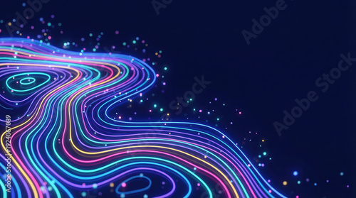 Abstract digital background with glowing neon topographic lines and colorful particles representing data flow.
