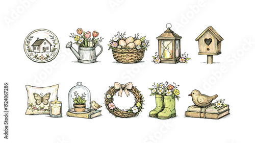 Springtime garden decor icon set. Floral, nature, seasonal elements line collection