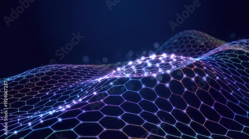 Abstract digital network background with glowing hexagonal mesh and flowing data particles in blue and purple.