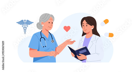 Medical Professionals Collaborating on Patient Care and Education with Healthcare Symbols Illustration