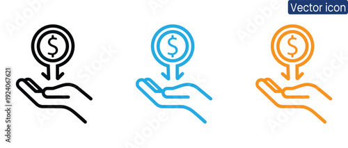 Set of icons showing dollar coin falling into hand, symbolizing financial transactions