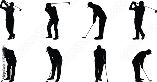 Golf swing silhouette sequence showing player positions from stance to follow-through, black vector illustration for sports training, biomechanics, athletic technique, instructional design