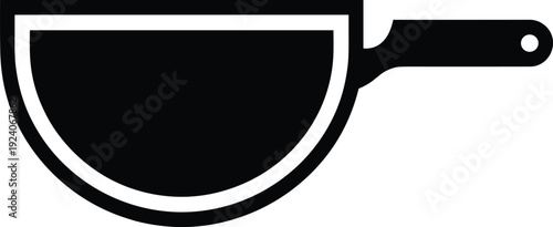 Minimalist frying pan silhouette icon, black cooking utensil symbol isolated on white background, simple kitchen cookware vector illustration design