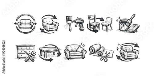 Home improvement sketch icon set. Diy, furniture, repair tools outline collection