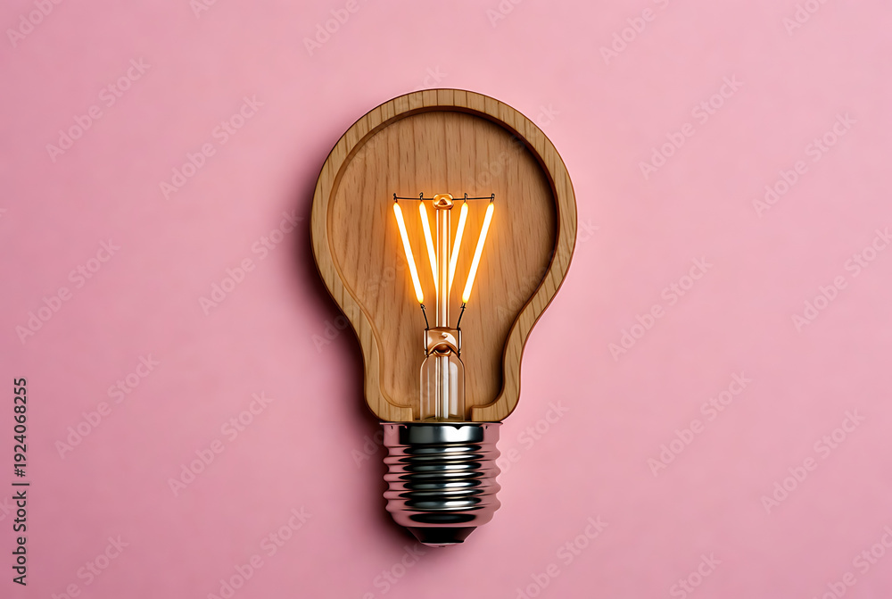 custom made wallpaper toronto digitalLight bulb wooden with glowing filament on pink background, creative idea concept featuring innovation, inspiration, energy with electricity and illumination elements for lamp, lighting projects,