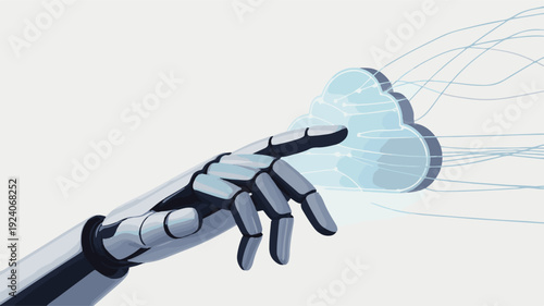 Robot hand illustration pointing to a cloud with flowing lines, depicting technology and innovation