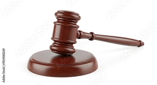 Judge’s wooden gavel with stand isolated on white background representing law, justice, and adjudication concept

