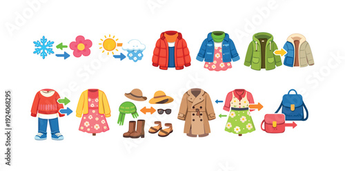 Weather outfit flat icon set. Seasonal clothing transitions collection