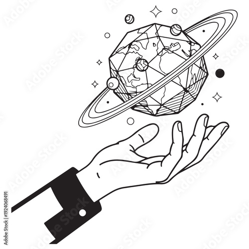 Minimalist line art of a human hand levitating a geometric low-poly Earth planet with rings, floating in a cosmic space with stars, representing global connectivity and environmental stewardship.