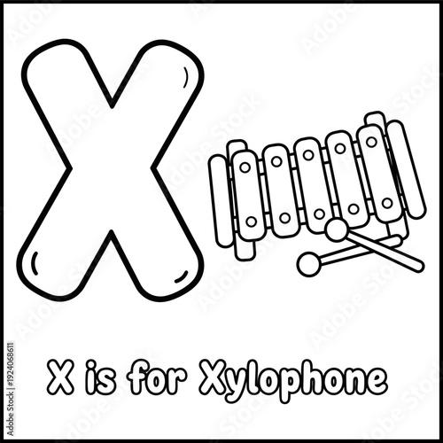 Ramadan alphabet coloring page X is for xylophone kids activity flat design vector illustration
