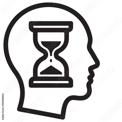 Minimalist human head profile silhouette containing an hourglass icon representing time management, mental health awareness, psychological aging, and deadline pressure in a clean black line art.