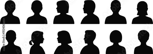 Human profile silhouette icons set featuring diverse hairstyles and head shapes, front and side views, black vector illustration for avatar placeholder, demographic design, identity representation