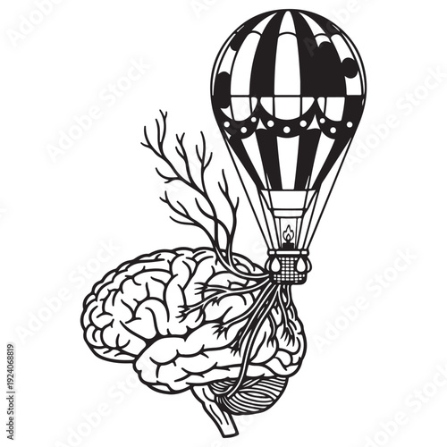 Surreal Black and White Illustration of a Human Brain Connected to a Vintage Hot Air Balloon, Representing Creative Freedom, Expanding Consciousness, and the Power of Imagination.