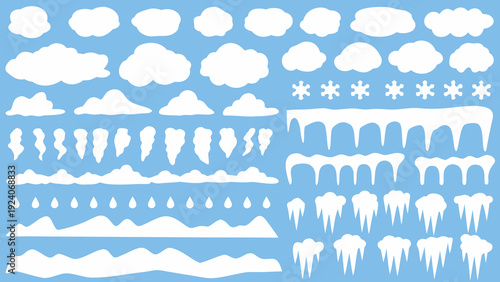 Collection of various white cloud shapes and precipitation elements