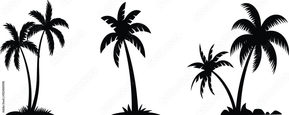 Naklejka premium Palm tree silhouette icons set featuring tropical vegetation designs with curved trunks and fronds, black vector illustration for beach, island, summer, vacation artwork