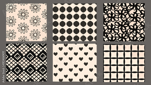 Six patterned squares showcasing diverse black and beige designs