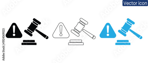 Modern vector icons of judge gavel in black, line, and blue for legal and business themes