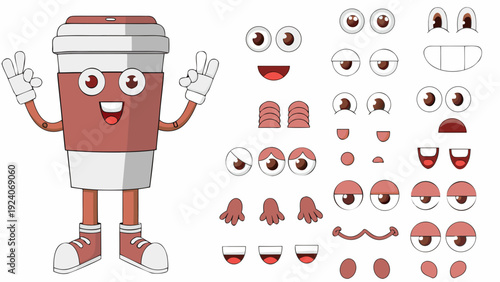 Cartoon coffee cup character with various facial expressions and body parts