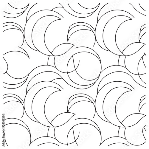 Minimalist black and white geometric line art pattern featuring overlapping circular arcs and crescent shapes in a seamless repeating design for modern textile prints and elegant wallpaper.