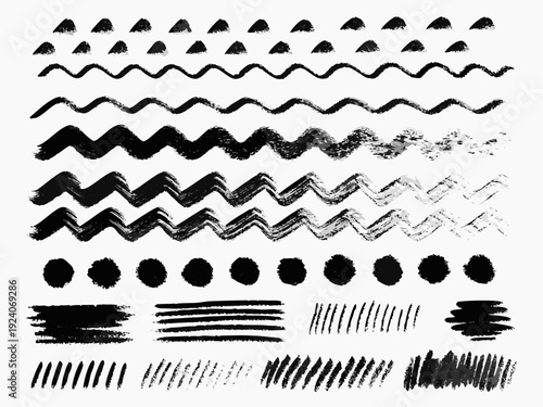 Black and white brushstroke patterns arranged in horizontal lines
