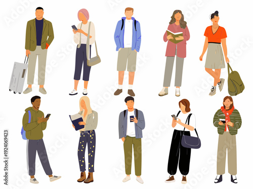Diverse group of people in casual clothing full body illustrations