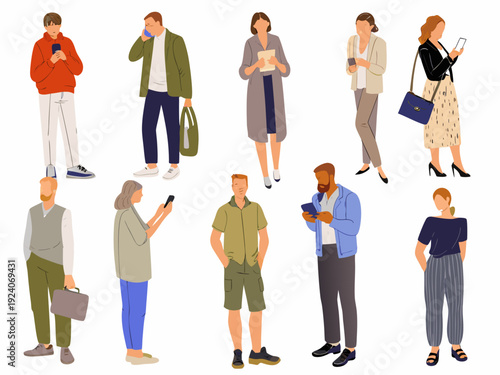 Diverse group of people standing and using mobile devices outdoors