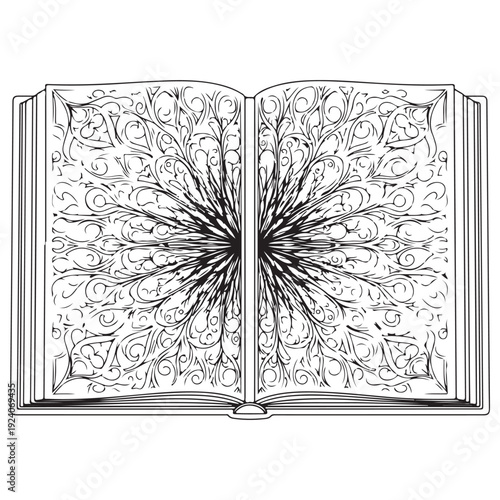 Intricate open fantasy book with floral mandala patterns on pages, displaying detailed hand-drawn line art for adult coloring and meditation, mystical ancient grimoire illustration style.