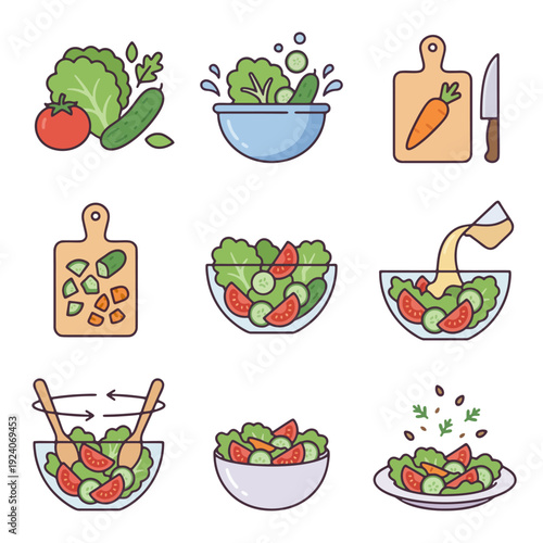 Salad Making Steps Flat Vector Illustration Set