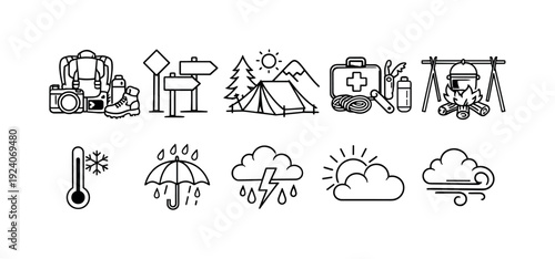 Gardening linear icon set. Tools, plants, gardening essentials in line art style