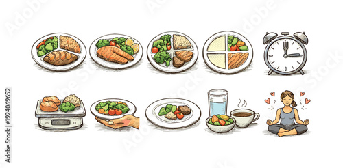 Meal planning, portion control flat icon set for healthy eating routines
