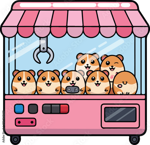 A cute cartoon illustration of a pink claw machine arcade game with a red and white striped awning.