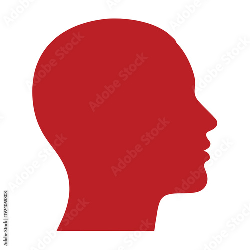 Silhouette of a human head profile in solid vibrant red color against a stark white background representing abstract thought identity and mental concepts with a clean minimalist