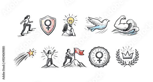Empowerment, achievements filled icon set. Motivation, success symbols collection