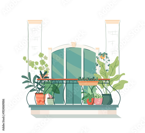 Stylish balcony design with green plants in pots. Cozy balcony garden with greenery Vector illustration of house and apartment building facade architecture element. Urban house jungle on veranda.