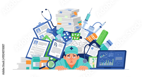 Healthcare Professional Burnout: Stressed Doctor Under Pile of Medical Paperwork and Supplies