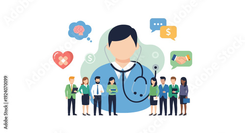 Healthcare and Medical Services Concept: Doctor, Patients, Wellness, Finance, and Communication